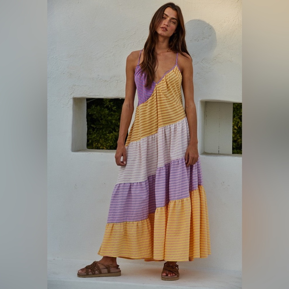 By Together Yellow Purple Striped Maxi Tiered Dress